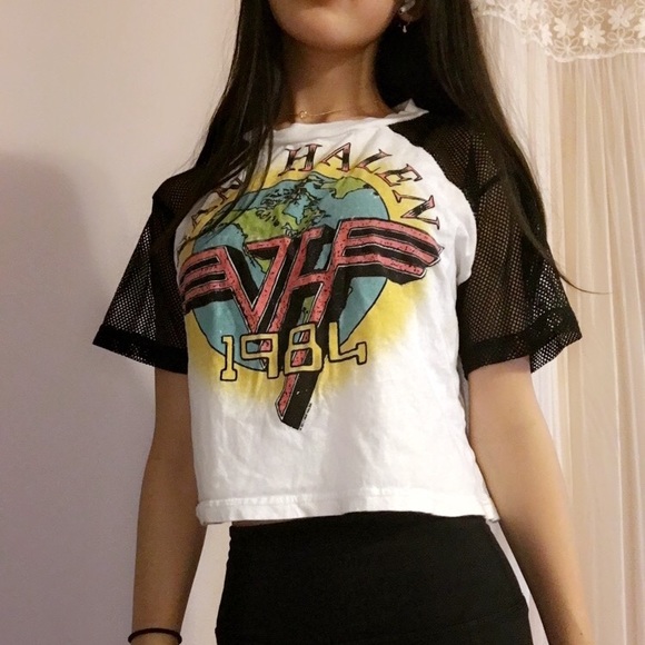 Forever 21- Cropped Band Shirt W/ Mesh Sleeves - Picture 1 of 5